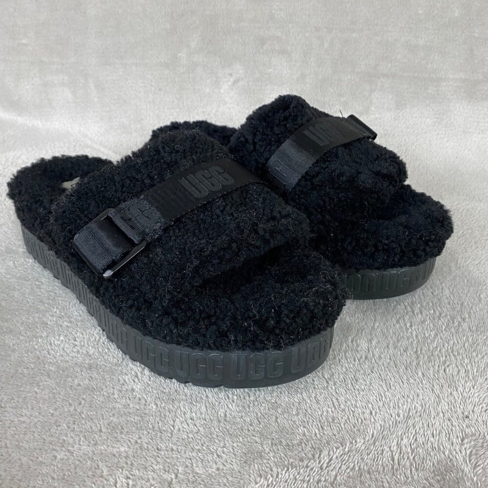 Fluffita Flatform Womens Slide Slipper Black Sheepskin Platform Sandal